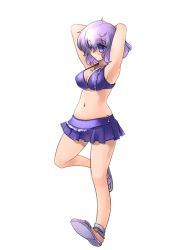 Rule 34 | 1girl, armpits, arms up, bikini, bikini top only, blush, breasts, covered erect nipples, cross, cross necklace, female focus, full body, inuinui, jewelry, large breasts, letty whiterock, necklace, no socks, purple bikini, purple eyes, purple hair, purple skirt, sandals, short hair, simple background, skirt, solo, swimsuit, touhou, white background