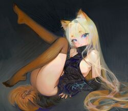 Rule 34 | 1girl, animal ear fluff, animal ears, bare shoulders, black background, black leotard, black sweater, blonde hair, blue eyes, breasts, cat ears, cat tail, closed mouth, colored inner hair, detached sleeves, foot up, from side, full body, grey background, hair flowing over, hair intakes, highres, knees up, leotard, leotard sweater, long hair, looking at viewer, multicolored hair, no shoes, orange hair, orange thighhighs, original, reclining, ribbed thighhighs, sideboob, sleeves past wrists, smile, solo, sweater, tail, thighhighs, turtleneck, turtleneck sweater, two-tone hair, very long hair, yeono0
