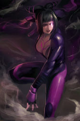 Rule 34 | 1girl, biker clothes, bikesuit, black hair, bodysuit, breasts, catsuit, cleavage, drill hair, fingerless gloves, gloves, glowing, glowing eye, han juri, lips, medium breasts, parted lips, phamoz, purple bodysuit, purple eyes, short twintails, smoke, solo, street fighter, street fighter v, tattoo, twin drills, twintails, unzipped