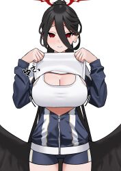 Rule 34 | 1girl, absurdres, black hair, blue archive, blush, breasts, cleavage, closed mouth, clothes lift, cropped jacket, fffukuzawa, halo, hasumi (blue archive), hasumi (track) (blue archive), highres, jacket, large breasts, lifted by self, long hair, looking at viewer, official alternate costume, open clothes, open jacket, red eyes, shirt lift, shorts, simple background, smile, solo, standing, track suit, white background