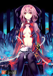 Rule 34 | 10s, 1girl, absurdres, bare shoulders, black thighhighs, breasts, center opening, cleavage, detached sleeves, elbow gloves, fingerless gloves, fyu-neru, gloves, guilty crown, hair ornament, hairclip, highres, long hair, looking at viewer, mou kankan, navel, pink hair, red eyes, sitting, solo, thighhighs, twintails, yuzuriha inori