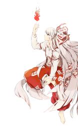 Rule 34 | 1girl, absurdly long hair, absurdres, arm strap, baggy pants, barefoot, bow, closed mouth, collared shirt, commentary request, fire, fire, fujiwara no mokou, full body, hair bow, hand on own foot, hand up, highres, long hair, long sleeves, ni-re, ofuda, ofuda on clothes, pants, profile, pyrokinesis, red bow, red eyes, red pants, shirt, simple background, solo, suspenders, touhou, two-tone bow, very long hair, white background, white bow, white hair, white shirt, wing collar