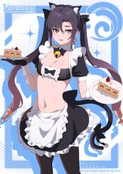 Rule 34 | 1girl, alternate costume, animal ear hairband, animal ears, aoi suzu, apron, bell, black bow, black gloves, black hair, black hairband, black shirt, black skirt, blue eyes, bow, bowtie, breasts, brown pantyhose, cake, cake slice, cat ears, cat tail, cleavage, crop top, detached collar, drop shadow, earrings, enmaided, fake animal ears, food, frilled shirt, frilled skirt, frills, genshin impact, gloves, gradient hair, hair bow, hairband, highres, jewelry, jingle bell, long hair, looking at viewer, maid, maid apron, medium breasts, midriff, miniskirt, mona (genshin impact), multicolored hair, navel, open mouth, pantyhose, parted bangs, shirt, short sleeves, sidelocks, skirt, solo, stomach, sweatdrop, tail, tail bow, tail ornament, twintails, very long hair, waist apron