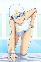 Rule 34 | 10s, 1girl, angry, bent over, bracelet, breasts, goggles, goriate, hand on own hip, hip focus, jewelry, kneeling, kumashiro maya, looking at viewer, one-piece swimsuit, pool, scowl, seikimatsu occult gakuin, solo, swim cap, swimsuit, thighs, water, wet