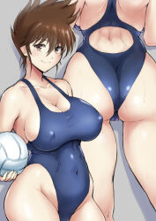 Rule 34 | 1girl, artist request, ass, ball, blue one-piece swimsuit, breasts, brown eyes, brown hair, cameltoe, competition swimsuit, cowboy shot, female focus, highleg, highleg swimsuit, holding, holding ball, honoo no toukyuuji: dodge danpei, huge ass, ichigeki haruka, large breasts, looking at viewer, mature female, multiple views, one-piece swimsuit, shiny skin, short hair, solo, swimsuit, thick thighs, thighs, volleyball (object), wide hips