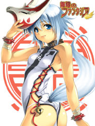 Rule 34 | 1girl, ass, bandages, bare shoulders, bell, blue eyes, bracelet, china dress, chinese clothes, clothing cutout, collar, dress, flat chest, fox mask, from behind, ikeda yasuhiro, jewelry, looking back, lowres, mask, mugen no fantasia, panties, short hair, solo, tail, tail through clothes, thong, underwear, white hair