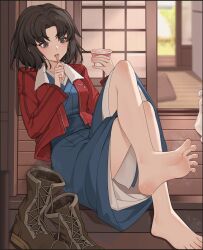 Rule 34 | 1girl, barefoot, boots, unworn boots, crossed legs, feet, food, ice cream, jacket, japanese clothes, kara no kyoukai, medium hair, parted lips, ryougi shiki, shoes, unworn shoes, soles, spread toes, steam, toes
