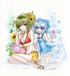 Rule 34 | 2girls, :d, adapted costume, alternate costume, bikini, blue eyes, blue hair, bowl, breasts, cirno, cleavage, dated, flower, food, green hair, h sakray, hair flower, hair ornament, holding, kazami yuuka, medium breasts, multiple girls, open mouth, painting (medium), plaid, plaid bikini, red eyes, sakurai haruto, shaved ice, short hair, signature, small breasts, smile, sunflower, swimsuit, touhou, traditional media, watercolor (medium), watercolor pencil (medium)