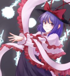 Rule 34 | 1girl, ascot, black hat, bow, capelet, closed mouth, commentary request, dress, electricity, fingernails, frills, grey background, hagoromo, hat, hat bow, highres, leaning back, looking at viewer, medium hair, nagae iku, pink capelet, purple dress, purple hair, red ascot, red bow, red eyes, riria (liry a flower), shawl, simple background, smile, solo, touhou, upper body
