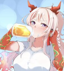 1girl alcohol alternate_breast_size arknights beer beer_mug blue_background blush breasts collarbone colored_extremities cup dragon_horns earrings heka=ton high_ponytail horns jewelry large_breasts long_hair looking_at_viewer mug nian_(arknights) purple_eyes red_hands shirt upper_body white_hair white_shirt