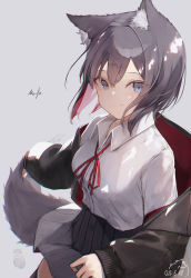 Rule 34 | 1girl, absurdres, animal ear fluff, animal ears, black hair, black jacket, black skirt, black thighhighs, blue eyes, breasts, closed eyes, collared shirt, dress shirt, grey background, hair between eyes, highres, jacket, long sleeves, looking at viewer, mayogii, medium breasts, multicolored hair, off shoulder, open clothes, open jacket, original, pleated skirt, puffy long sleeves, puffy sleeves, red hair, romaji text, shirt, simple background, skirt, sleeves past wrists, smile, solo, tail, thighhighs, two-tone hair, white shirt