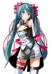 Rule 34 | 1girl, :3, absurdres, aqua eyes, aqua hair, arms behind back, bare shoulders, blush, breasts, buttons, character name, cleavage, cleavage cutout, closed mouth, clothing cutout, contrapposto, cowboy shot, detached sleeves, double-breasted, glowing, grey shorts, grey vest, hair ribbon, hatsune miku, head tilt, highres, long hair, looking at viewer, nijigen dream fever (vocaloid), pink ribbon, project diva (series), ribbon, shorts, simple background, small breasts, solo, standing, tareme, tattoo, thigh strap, thighhighs, tsukishiro saika, twintails, very long hair, vest, vocaloid, white background