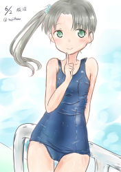 Rule 34 | 10s, 1girl, absurdres, ayanami (kancolle), bad id, bad pixiv id, black hair, gradient background, green eyes, highres, kantai collection, long hair, one-piece swimsuit, school swimsuit, side ponytail, solo, swimsuit, tapimakura