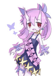 Rule 34 | 1girl, :d, bieko (disgaea), blue dress, bow, bug, butterfly, choker, collarbone, colored skin, cowboy shot, disgaea, dress, dress bow, earrings, hair ornament, highres, horns, insect, jewelry, legs together, looking at viewer, makai senki disgaea 6, medium hair, open mouth, pink bow, pink hair, pink skin, pointy ears, purple bow, red eyes, short dress, simple background, skin-covered horns, smile, solo, standing, suaman, thighlet, twintails, white background, wrist bow, yellow choker