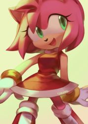 Rule 34 | 1girl, :d, amy rose, animal nose, artist name, boots, dress, furry, furry female, gloves, green eyes, highres, jewelry, looking to the side, open mouth, qiinamii, red dress, ring, smile, solo, sonic (series), white gloves