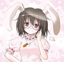 Rule 34 | 1girl, animal ears, bespectacled, black hair, brown hair, rabbit ears, carrot, female focus, glasses, inaba tewi, jewelry, kukyo, pendant, red eyes, short hair, smile, solo, touhou, upper body