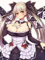 Rule 34 | 1girl, azur lane, bare shoulders, between breasts, black dress, blush, breasts, cleavage, dress, formidable (azur lane), frilled dress, frills, grey hair, hair ribbon, highres, large breasts, long hair, looking at viewer, mou tama maru, red eyes, ribbon, simple background, solo, sparkle, twintails, two-tone dress, two-tone ribbon, white background