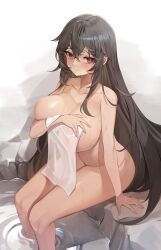 Rule 34 | 1girl, absurdres, arm support, black hair, breasts, chukibabo2, cleavage, closed mouth, commission, covering privates, covering breasts, embarrassed, frown, hand on own chest, highres, holding, holding towel, huge breasts, legs, long hair, looking at viewer, nude, nude cover, original, red eyes, second-party source, see-through, sidelocks, sitting, soaking feet, solo, towel, very long hair, water, wavy mouth, wet