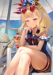 Rule 34 | 1girl, artist name, beach umbrella, blonde hair, blue one-piece swimsuit, blush, bow, cagliostro (granblue fantasy), cagliostro (summer) (granblue fantasy), casual one-piece swimsuit, chair, collarbone, commentary, crossed legs, cup, drinking glass, eyewear on head, flower, granblue fantasy, grin, hair flower, hair ornament, half-closed eyes, hand on own chin, heart, heart-shaped eyewear, highres, holding, holding cup, holding spoon, long hair, one-piece swimsuit, parfait, ponytail, purple eyes, red bow, red ribbon, ribbon, sailor collar, signature, sitting, smile, solo, spoon, sunglasses, swimsuit, thighs, umbrella, very long hair, yapo (croquis side)