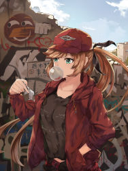 Rule 34 | 10s, 1girl, aqua eyes, baseball cap, belt buckle, black shirt, blowing bubbles, blue sky, broken wall, brown hair, buckle, building, chewing gum, clarisse (granblue fantasy), clothes writing, cloud, contemporary, day, drawstring, graffiti, granblue fantasy, hair ribbon, hand in pocket, hat, heart, highres, holding, hood, hood down, hooded jacket, jacket, long hair, mouth hold, note, paper, pocket, ponytail, reading, red hat, red jacket, ribbon, shirt, sky, solo, swept bangs, t-shirt, upper body, very long hair, wall, white crow