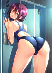Rule 34 | 1girl, ass, blue one-piece swimsuit, competition swimsuit, highleg, highleg swimsuit, highres, kuri (kurigohan), leaning forward, locker, looking at viewer, looking back, one-piece swimsuit, original, purple eyes, red eyes, short hair, solo, swimsuit