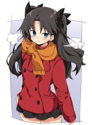 Rule 34 | 1girl, black ribbon, black skirt, blue eyes, blush, breath, buttons, double-breasted, fate/stay night, fate (series), hair ribbon, jacket, long hair, long sleeves, murakami meishi, orange scarf, ribbon, scarf, simple background, skirt, smile, solo, tohsaka rin, two side up, white background