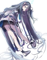 Rule 34 | 1girl, absurdly long hair, aris (blue archive), bare legs, black hair, black hairband, blue archive, blue eyes, hairband, halo, highres, long hair, looking at viewer, looking back, munikomamu, one side up, pleated skirt, school uniform, shirt, shoes, simple background, skirt, solo, very long hair, white background, white shirt