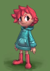 Rule 34 | 1girl, black eyes, blush stickers, boots, child, dress, eyebrows, green background, hood, hoodie, knee boots, koi drake, kumatora, long sleeves, mother (game), mother 3, nintendo, no pants, pink hair, short hair, simple background, smile, solo, standing, sweater, sweater dress, tomboy, zipper