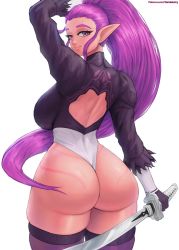 Rule 34 | 1girl, ass, black shirt, blouse, blush, breasts, come hither, cosplay, dark-skinned female, dark skin, elf, from behind, highres, huge ass, katana, large breasts, leotard, long hair, looking at viewer, looking back, nier (series), nier:automata, original, paid reward available, pointy ears, ponytail, purple eyes, purple hair, purple thighhighs, shiny skin, shirt, sideboob, simple background, smile, solo, superbusty, sword, thick thighs, thighhighs, thighs, thong leotard, very long hair, weapon, white background, 2b (nier:automata), 2b (nier:automata) (cosplay)