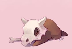 Rule 34 | bone, commentary, commission, creature, creatures (company), cubone, english commentary, closed eyes, full body, game freak, gen 1 pokemon, lying, nintendo, no humans, on stomach, pink background, pokemon, pokemon (creature), pombei, shadow, signature, simple background, skull on head, solo
