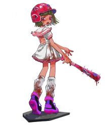 Rule 34 | 1girl, baseball bat, blood, blood on clothes, blood on face, blood on hands, bloody weapon, blunt bangs, bob cut, commentary request, dress, faux figurine, frilled dress, frills, from behind, full body, green hair, heel up, helmet, holding, holding baseball bat, holding weapon, looking at viewer, looking back, nail, nail bat, open mouth, original, oshio (shioqqq), pink eyes, pink footwear, puffy short sleeves, puffy sleeves, red headwear, ribbed socks, shoes, short dress, short hair, short sleeves, simple background, socks, solo, standing, sticker, translation request, weapon, white background, white dress, white socks