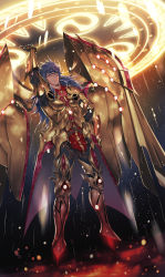 Rule 34 | 1boy, afloat, arm up, armor, belt, blue hair, dark-skinned male, dark blue hair, dark skin, earrings, fate/grand order, fate (series), floating, flying, full body, gloves, glowing, glowing armor, greco-roman clothes, highres, jewelry, laser, light, long hair, long sleeves, looking at viewer, male focus, open hand, red eyes, roman clothes, romulus (fate), romulus quirinus (fate), semi finalfight, solo, very long hair, weapon, wings