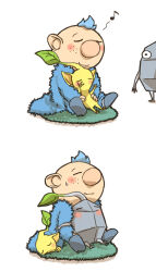 Rule 34 | 1boy, alien, alph (pikmin), alternate costume, big nose, black eyes, black footwear, black skin, blue hair, blue jacket, blush, closed eyes, closed mouth, colored skin, commentary request, creature, freckles, fur jacket, holding, holding creature, jacket, leaf, lying, male focus, musical note, naru (wish field), nintendo, no mouth, on stomach, pikmin (creature), pikmin (series), pointy ears, rock, rock pikmin, shadow, short hair, sitting, sitting on lap, sitting on person, sleeping, slippers, smile, under covers, very short hair, white background, yellow pikmin, yellow skin