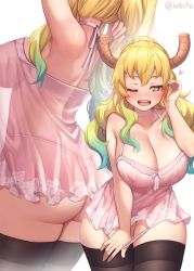 Rule 34 | 1girl, ;d, aqua hair, armpits, ass, babydoll, bare shoulders, black thighhighs, blonde hair, breasts, choker, collarbone, commentary, curvy, english commentary, fangs, gradient hair, hand in own hair, hand up, heart, highres, horns, huge breasts, iwbitu, kobayashi-san chi no maidragon, leaning forward, lingerie, long hair, looking at viewer, lucoa (maidragon), multicolored hair, multiple views, nipples, one eye closed, open mouth, panties, panty pull, pink babydoll, pink panties, purple eyes, see-through, simple background, smile, string panties, thick thighs, thighhighs, thighs, underwear, upper body, wavy hair, white background, yellow pupils