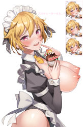 Rule 34 | 1girl, absurdres, alternate costume, apron, aqua nails, black leotard, blonde hair, blush, breasts, breasts out, cleavage, collared leotard, commentary, cowboy shot, cupcake, enmaided, expressions, finger to mouth, fingernails, food, frilled apron, frills, from side, fruit, hair between eyes, hair flaps, hands up, heart, highres, holding, holding food, ibuki tsubasa, idolmaster, idolmaster million live!, idolmaster million live! theater days, juliet sleeves, large breasts, leotard, long sleeves, looking at viewer, looking to the side, machi (machi333), maid, maid headdress, nail polish, necktie, nipples, open mouth, pink eyes, puffy nipples, puffy sleeves, short hair, short necktie, simple background, smile, solo, standing, strawberry, teeth, translation request, upper teeth only, white apron, white background, yellow necktie