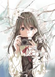 Rule 34 | 1girl, blurry, branch, brown eyes, brown hair, camera, cherry blossoms, commentary request, day, depth of field, dress, flower, hair between eyes, highres, holding, holding camera, kukiha, long hair, long sleeves, looking at viewer, neck ribbon, original, outdoors, parted lips, pinafore dress, red ribbon, ribbon, school uniform, shirt, sleeveless dress, solo, upper body, white shirt, wing collar