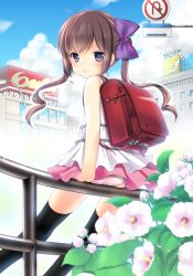 Rule 34 | 1girl, ass, azuma yuki, backpack, bad id, bad pixiv id, bag, blush, brown hair, day, dress, flower, from behind, long hair, looking back, on railing, original, outdoors, panties, pink panties, polka dot, polka dot panties, purple eyes, railing, randoseru, ribbon, sitting, smile, solo, thighhighs, twintails, underwear