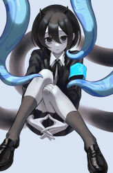 Rule 34 | 1girl, absurdres, armband, black eyes, black footwear, black hair, black jacket, black ribbon, black skirt, black socks, blazer, blue armband, blue tongue, braid, colored tongue, commentary request, gauze on knee, grey background, hair between eyes, hair over shoulder, happa de happy, highres, horns, indie virtual youtuber, jacket, kneehighs, knees together feet apart, knees up, loafers, long hair, long sleeves, looking at viewer, low twin braids, neck ribbon, open mouth, own hands together, pale skin, raised eyebrows, ribbon, ringed eyes, shoes, simple background, sitting, skirt, socks, solo, stitched neck, stitches, tentacles, twin braids, virtual youtuber, yamata ia