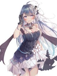 Rule 34 | 1girl, ahoge, azur lane, bare shoulders, black gloves, blue hair, blush, breasts, choker, cleavage, commentary, commentary request, dress, flower, gloves, hair ornament, heaven&#039;s melody, helena (azur lane), helena (may i have this dance?) (azur lane), highres, large breasts, long hair, looking at viewer, multiple girls, open mouth, partial commentary, purple eyes, shawl, short dress, solo, transparent background, very long hair, white flower