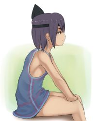 Rule 34 | 1girl, aged down, ayane (doa), bad id, bad pixiv id, bare shoulders, breasts, child, dark-skinned female, dark skin, dead or alive, deeezel, dress, female focus, from side, gradient background, hands on own knees, headband, purple hair, red eyes, short hair, sideboob, sitting, sleeveless, small breasts, smile, solo, solo focus