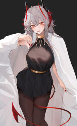 Rule 34 | 1girl, alternate costume, antenna hair, arknights, between legs, black background, black skirt, blush, brown pantyhose, crossed bangs, grey hair, highres, horns, looking at viewer, multicolored hair, nail polish, orange eyes, pantyhose, parted lips, pleated skirt, red hair, red nails, resolution mismatch, ru zhai, skirt, smile, solo, source larger, tail, tail between legs, w (arknights)