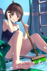 Rule 34 | 1girl, akira tooru, arm up, artist name, barefoot, black hair, blue one-piece swimsuit, blush, breasts, broom, brown eyes, bucket, cleaning, cleaning brush, cleavage, commentary request, day, empty pool, feet, flying sweatdrops, foot focus, foreshortening, hair ornament, hairclip, hand up, highres, holding, holding broom, hose, knees up, looking at viewer, medium breasts, one-piece swimsuit, open mouth, original, outdoors, pool, pool ladder, revision, school swimsuit, short hair, sitting, soap bubbles, soles, solo, swimsuit, toes