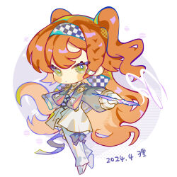 Rule 34 | 1girl, air writing, artist name, bow, checkered hairband, chibi, closed mouth, dated, dot mouth, dress, full body, glass pen, gloves, green eyes, grey bow, highres, holding, holding pen, long hair, long sleeves, looking at viewer, orange hair, outstretched arm, pants, pants under dress, pen, puffy long sleeves, puffy sleeves, reverse:1999, signature, solo, sonetto (reverse:1999), standing, thigh bow, two side up, very long hair, white background, white dress, white footwear, white gloves, white pants, yuli yuri