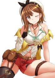 Rule 34 | 1girl, ;), atelier (series), atelier ryza, bare shoulders, beret, black gloves, black thighhighs, blush, braid, breasts, brown eyes, brown hair, cleavage, closed mouth, collared shirt, detached sleeves, dress shirt, gloves, hair ornament, hand up, hat, head tilt, highres, jacket, kazenokaze, large breasts, navel, off shoulder, one eye closed, open clothes, open jacket, partially fingerless gloves, red shorts, reisalin stout, shirt, short shorts, shorts, simple background, single detached sleeve, single thighhigh, sitting, skindentation, sleeveless, sleeveless jacket, sleeveless shirt, smile, solo, thigh strap, thighhighs, white background, white hat, white shirt, white sleeves, yellow jacket