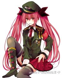 Rule 34 | 1girl, arm between legs, armband, black ribbon, black thighhighs, boots, candy, date a live, food, green footwear, green jacket, hair between eyes, hair ribbon, hat, hibiki mio, itsuka kotori, jacket, lollipop, long hair, military hat, miniskirt, necktie, pleated skirt, red eyes, red hair, red necktie, red skirt, ribbon, simple background, sitting, skirt, smile, solo, thighhighs, twintails, very long hair, white background