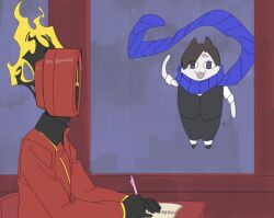 Rule 34 | 1boy, 1other, azumanga daiou, black gloves, black hair, blue eyes, clock, dante (limbus company), demian (project moon), flying, formal, gloves, highres, joliah8, limbus company, parody, project moon, scarf, short hair, sitting, suit, table, window