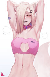Rule 34 | 1girl, animal ears, armpits, arms behind head, arms up, bandaid, bandaid on arm, blonde hair, bluecup, bra, breasts, cat cutout, choker, cleavage cutout, clothing cutout, commentary, fox ears, fox tail, fur bra, fur choker, hair ornament, hair over one eye, hairclip, highres, large breasts, looking at viewer, medium hair, mole, mole under eye, one eye covered, open mouth, original, pink bra, pink choker, solo, sweat, tail, underwear, upper body, yellow eyes