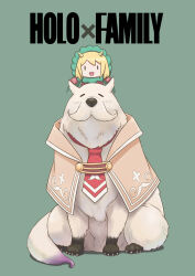 Rule 34 | 1girl, :d, = =, animal costume, bond (spy x family), brown capelet, capelet, dog, english text, facial hair, great pyrenees, green background, highres, hololive, hololive english, horns, jpc, mustache, mustache print, necktie, open mouth, red necktie, simple background, sitting, smile, smol ame, spy x family, virtual youtuber, watson amelia, white dog, | |