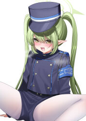 1girl absurdres blue_archive blue_shirt blue_shorts blush commentary_request fang green_halo halo hat hayama_(ewzn7285) highres long_hair looking_at_viewer nozomi_(blue_archive) open_mouth pantyhose pantyhose_under_shorts peaked_cap pointy_ears shirt shorts simple_background sitting skin_fang smile solo spread_legs thighband_pantyhose thighs twintails white_background white_pantyhose yellow_eyes