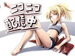 Rule 34 | 1girl, artoria pendragon (all), artoria pendragon (fate), bad id, bad pixiv id, bandeau, barefoot, blonde hair, braid, fate/apocrypha, fate (series), french braid, green eyes, long hair, midriff, mordred (fate), mordred (fate/apocrypha), mordred (memories at trifas) (fate), navel, ponytail, saber (fate), shorts, solo, strapless, translation request, tube top, uraomote